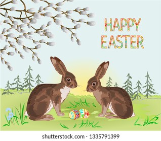 Happy easter spring landscape forest Easter  hares  and easter eggs in the grass with flowers vintage vector illustration editable hand draw