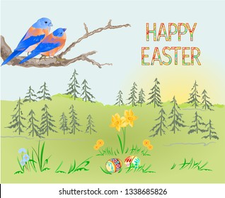 Happy easter spring landscape forest and birds bluebirds and easter eggs in the grass with narcissus vintage vector illustration editable hand draw
