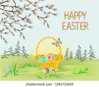 Happy easter spring landscape forest Easter  wicker  and easter eggs and butterfly in the grass with flowers vintage vector illustration editable hand draw