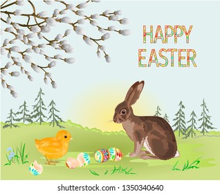 Happy easter spring landscape forest  hare and Easter chick and easter eggs in the grass with flowers vintage vector illustration editable hand draw
