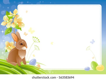 Happy Easter Spring nature vector poster isolated white background, colored egg, bunny, cherry blossom branch. Holiday watercolor pattern. Floral corner. Abstract illustration template border frame