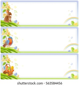Happy Easter Spring nature vector banner set, isolated white background. Color egg, bunny, basket, cherry flower, robin bird. Egg hunt party. Holiday watercolor poster. Illustration, flat frame