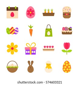 Happy Easter Spring Objects. Vector Illustration. Seasonal Holiday Set of Items Isolated over White.