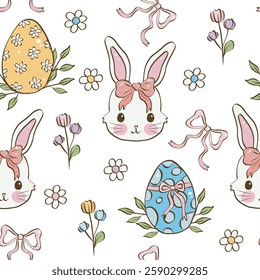 Happy Easter Spring Pattern With Bunny, Seamless pattern with rabbit cartoons with pink bow, daisy flower, bow ribbon, and Easter eggs on white background Easter illustration