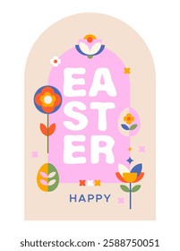 Happy Easter spring poster in modern geometric abstract style. Holiday covers, posters, banners, greeting card with bunny, egg and flowers in bright colors.