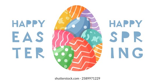 Happy Easter happy spring quote. Bright horizontal banner with Easter colorful egg and inscription. Modern trendy design.