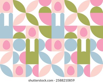 Happy Easter. Spring seamless pattern with Easter bunny and geometric shapes. Geometric pattern for cards, banners, wrapping paper.
