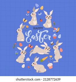 Happy easter. Spring set of beige rabbit, eggs, cakes, flowers, butterflies. Cute flat vector illustration on purple background.