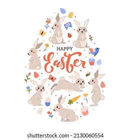 Happy easter. Spring set of beige rabbit, eggs, cakes, flowers, butterflies. Cute flat vector illustration on white background.