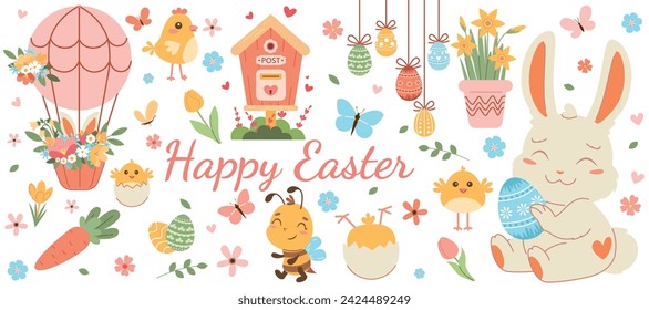 Happy Easter. Spring set with a cute bunny holding an egg, cute eggs, a bee, butterflies, cheerful and funny chickens, a mailbox, daffodils, crocuses, tulips. Cute Easter set. For poster, postcard.