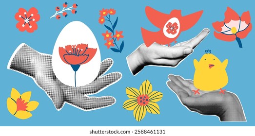 Happy Easter and spring set with flowers, chick and egg. Vector illustration with retro collage elements. 