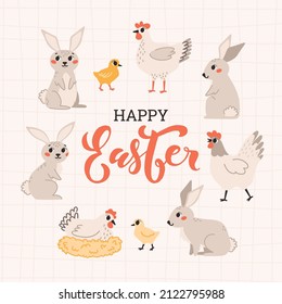 Happy Easter. Spring set of rabbit, chickens, chicks. Cute flat vector illustration isolated on white background.