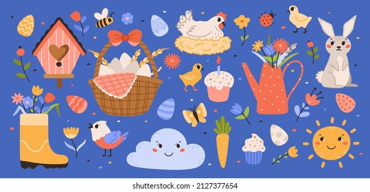 Happy easter. Spring set of rabbit, chickens, eggs, flowers, butterflies. Cute flat vector illustration isolated on purple background.