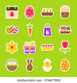 Happy Easter Spring Stickers. Vector Illustration Flat Style. Collection of Seasonal Holiday Symbols.