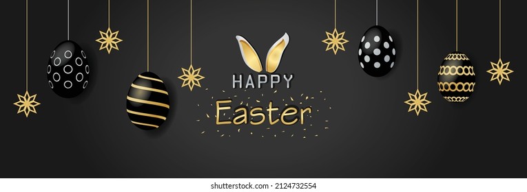 Cartel del afiche de la Feliz Primavera de Pascua con huevos de Pascua realistas y decoración. Diseño de ilustración vectorial de encabezado de sitio web horizontal. Huevos dorados y negros de plata brillantes