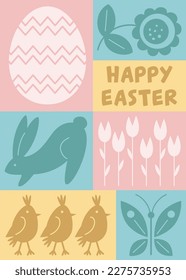 Happy Easter or spring themed motifs poster in Modern geometric abstract style. For Holiday covers, posters, banners, greeting card. Cute bunny, chick, egg, flowers, butterfly in pastel colours