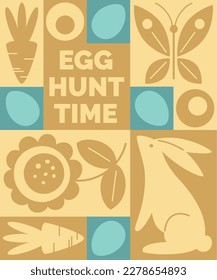 Happy Easter or spring themed motifs poster in modern geometric abstract style. Egg hunt time. For Holiday covers, posters, banners, greeting card. Cute bunny, eggs, flowers, carrots in pastel colours