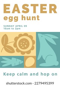 Afiche de alegres motivos de Semana Santa o primavera con un estilo abstracto geométrico moderno. Caza de huevos de Pascua. Para portadas de vacaciones, afiches, carteles, tarjetas. Conejo, huevos, flores, zanahorias en tonos pastel