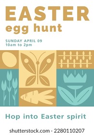 Happy Easter or spring themed motifs poster in modern geometric abstract style. Easter Egg Hunt. For Holiday covers, posters, banners, card. Cute bunny, eggs, flowers, carrots in pastel colours