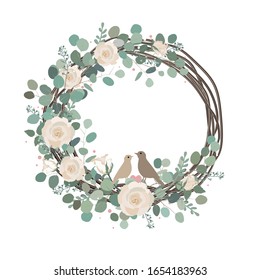 Happy Easter Spring vector card with roses, eucalyptus branches, and birds couple. Rustic vintage composition on white, home spring decor