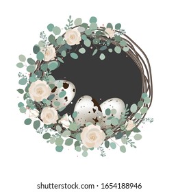 Happy Easter Spring vector card with roses, eucalyptus branches, and quail eggs. Rustic vintage composition on white, home spring decor
