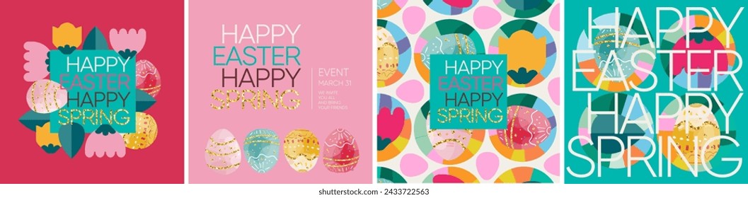 Happy easter and happy spring! Vector illustration of geometric modern trendy abstract pattern, easter eggs, background, flowers and leaves for poster, flyer, greeting card or invitation