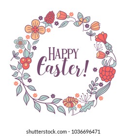 happy Easter. Easter spring wreath. The flowers and herbs.  Spring holiday Easter vector illustration.