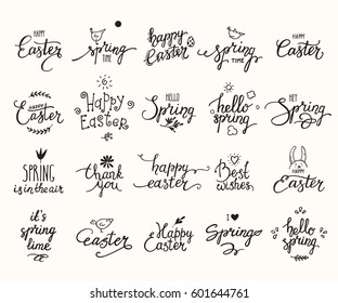 Happy Easter, springtime handwritten lettering & cute spring symbols. Modern brush calligraphy & design elements for greeting card, invitation, banner, poster, flyer templates. Isolated vector set.