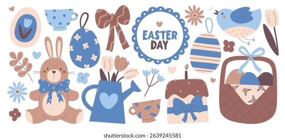 Happy easter springtime religious holiday decorative design elements set for greeting postcards. Drawings for traditional spring party celebration, invitation and congratulation vector illustration