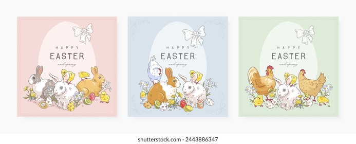 Happy easter square banner set with hand drawn cartoon bunny, chicken, easter eggs and flowers. Collection of greeting card or social media design template. Vector illustration