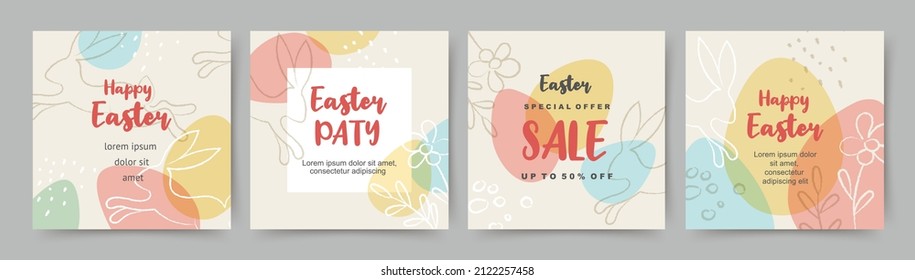 Plantillas de banners de Happy Easter square. Conejito y huevos en colores pastel.Fondos vectoriales para publicaciones en medios sociales, aplicaciones móviles, tarjetas de felicitación, invitaciones, diseño de pancartas y anuncios web, afiches de venta