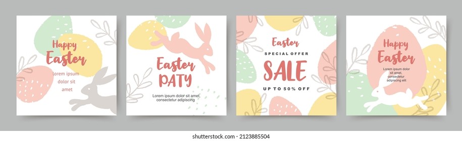 Happy Easter square banners templates. Cute bunny and eggs in pastel colors.Vector backgrounds for social media posts, mobile apps, greeting cards, invitations, banner design and web ads, sale posters