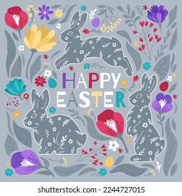 Happy Easter square card with bunnies, eggs, and flowers. Modern flat vector illustration in trendy colors in boho style.