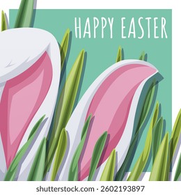 Happy Easter Square Card with Bunny Ears Peeking from Grass. Happy Easter Design. Perfect for Greetings, Social Media, Banners, and Festive Promotions. Celebrate Spring