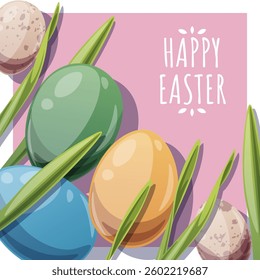 Happy Easter Square Card with Colorful Eggs in Grass. Happy Easter and Spring Design. Perfect for Greetings, Social Media, Banners, and Festive Promotions.