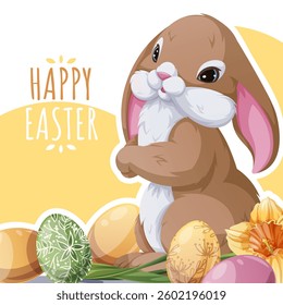 Happy Easter Square Card with Cute Bunny and Colorful Eggs. Adorable Easter Design. Perfect for Greetings, Social Media, Banners, and Festive Promotions. Celebrate Spring and Joy