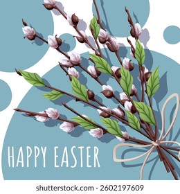 Happy Easter Square Card with Natural Willow Bouquet on Blue Background. Happy Easter and Spring Design. Great for Greetings, Posters, Social Media, and Seasonal Banners.