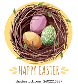 Happy Easter Square Card with Bird’s Nest and Colorful Eggs. Happy Easter Design. Perfect for Posters, Greetings, Social Media, Banners, and Spring Backgrounds