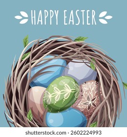 Happy Easter Square Card with Bird’s Nest and Colorful Eggs on Blue Background. Happy Easter Design. Perfect for Posters, Greetings, Social Media, and Banners