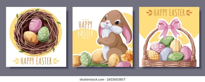 Happy Easter Square Card Set with Cute Bunny, Eggs in Nest and Basket. Perfect for Greeting Cards, Banners, Posters and Social Media. Cheerful Vector Illustrations.