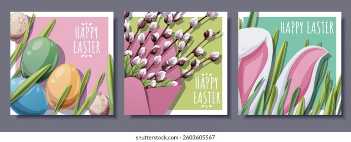 Happy Easter Square Card Set with Bunny Ears in Grass, Colorful Eggs and Willow in Envelope. Spring Holiday Design for Greeting Cards, Social Media and Festive Decor. Cheerful Vector Illustrations.