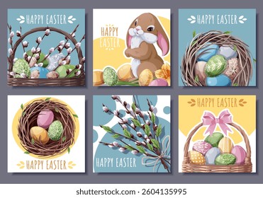 Happy Easter Square Card Set with Cute Bunny, Eggs in Nest, Basket and Willow Branches. Perfect for Banners, Posters, Social Media, and Festive Decor. Cheerful Vector Illustrations.