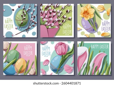 Happy Easter Square Card Set with Bunny Ears in Grass, Colorful Eggs, Tulips, Daffodils and Willow Branches. Spring Holiday Design for Banners, Social Media and Festive Decor. Vector Illustration