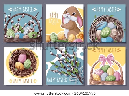 Happy Easter Square Card Set with Cute Bunny, Eggs in Nest, Basket and Willow Branches. Perfect for Banners, Posters, Social Media, and Festive Decor. Cheerful Vector Illustrations.