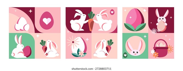 Happy Osterquadratkarten-Vorlagen in einem modernen minimalistischen Stil mit geometrischen Hasen, Eier und Elemente. Trendy Grußkartenverpackungen Plakate, Banner, Einladungen und Social Media. Vektorgrafik 