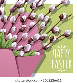 Happy Easter Square Card with Willow Branch in Envelope on Green Background. Happy Easter Design. Perfect for Greetings, Posters, Social Media, and Festive Banners. Celebrate Spring