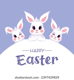 Happy Easter. Square colorful banner. Cute Easter bunnys in a minimalist cartoon style. Childrens character in pastel colors for poster, t-shirt, banner, card, cover