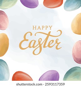 Happy Easter square frame with colorful decorated eggs, festive holiday border, cheerful seasonal design for greeting cards and invitations