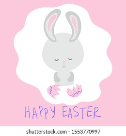 Happy Easter square funny poster, card template for kids with cute sad bunny with broken egg. Hand written lettering vector stock illustration for spring congratulation