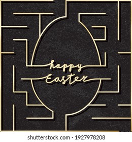 Feliz logotipo de crema dorada de la Plaza de Pascua en forma de laberinto combinado con forma de huevo y letras - Golden on Black Paper Background - Diseño de caramelos dibujados a mano